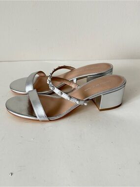 NEW Stuart Weitzman Goldie Silver Pearl-Embellished Block Heel Sandals, Sz 8